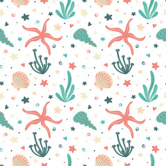 Starfish, shells and algae vector seamless pattern. Sea seamless texture. Textiles, wrapping paper, wallpaper design, packaging.
