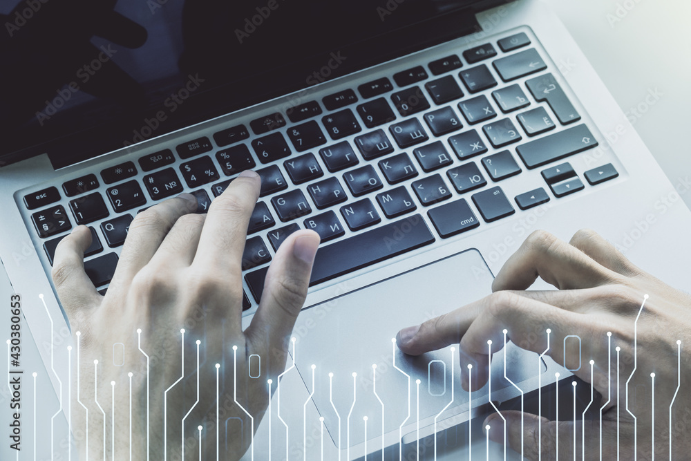 Poster creative concept of microscheme illustration and hands typing on laptop on background. big data and 