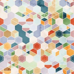 Seamless pattern of hexagons in random colors in watercolor. High quality illustration. Tile mosaic arrangement of triangles, trapezoids, and hexagons, in honeycomb arrangement. Design for print.