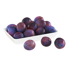 Ripe lilac purple glossy plums lie in and near a white plate on an isolated background. 3d rendering