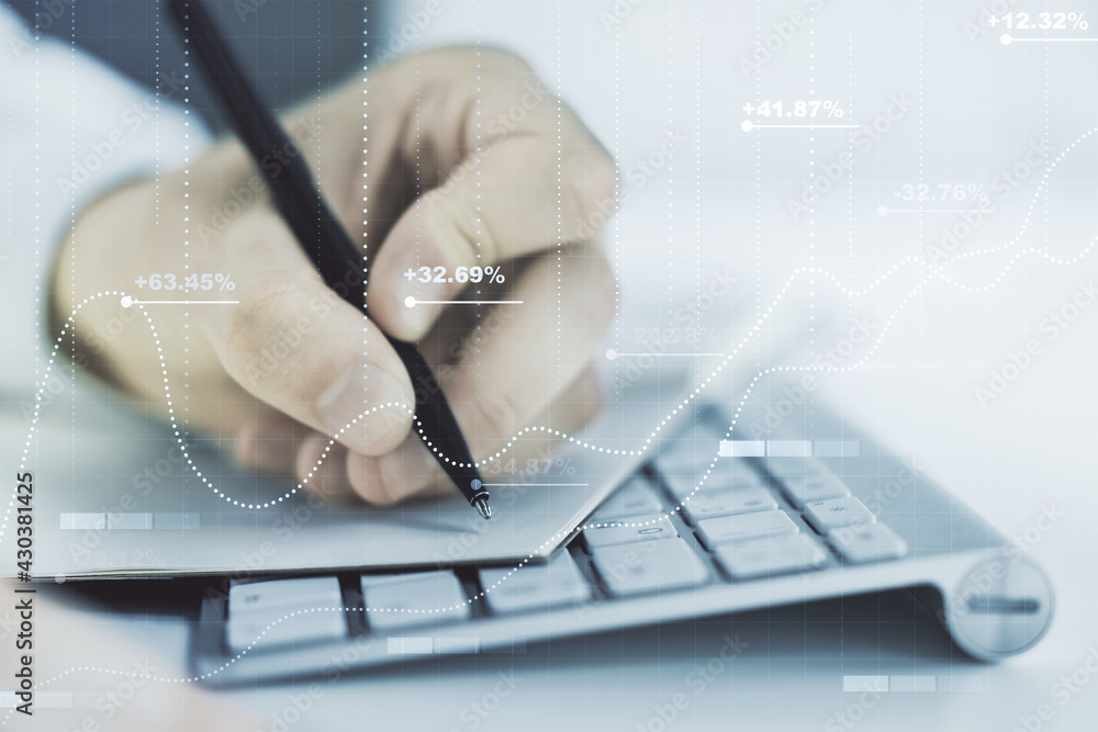 Poster multi exposure of creative statistics data hologram with hand writing in notebook on background with