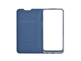 smartphone with a white screen in a protective cover like a book, on a white background, close-up