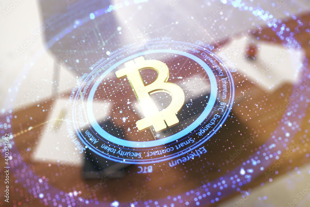 Poster double exposure of creative bitcoin symbol hologram and modern desk with computer on background. min
