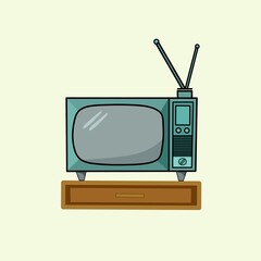 Retro TV icon and brown table with stylish flat design. Vector illustration.