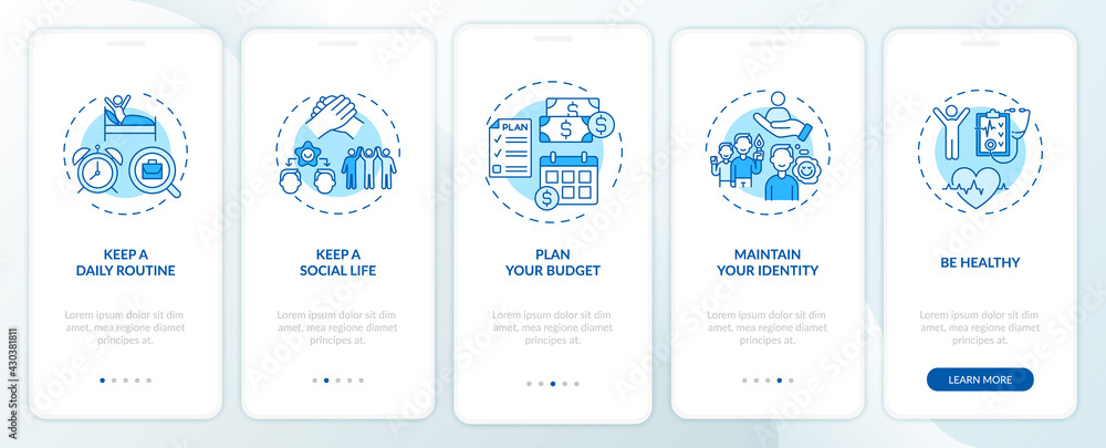 Poster job transition tips onboarding mobile app page screen with concepts. future organize advice walkthro