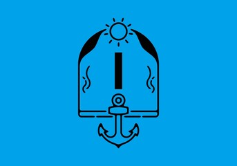 Black line art illustration of I initial letter in anchor frame