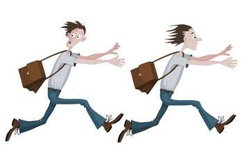 Set of two similar cartoon men with opposite emotions. First man is running fast with bag scared with something, he is looking back and second one is running fast with bag towards something or someone