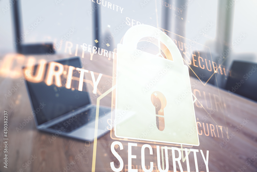 Poster creative idea concept with lock symbol and microcircuit illustration on modern laptop background. pr