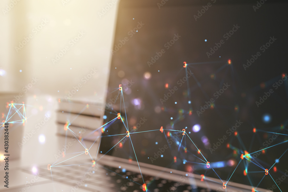 Poster creative abstract wireless technology hologram on modern computer background, artificial intelligenc