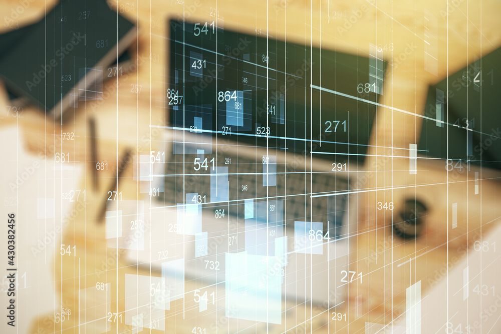 Poster multi exposure of abstract graphic data spreadsheet sketch on modern computer background, analytics 
