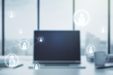 Fototapeta premium Double exposure of social network icons concept with modern laptop on background. Marketing and promotion concept