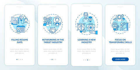 Fototapeta na wymiar Transition job pros onboarding mobile app page screen with concepts. Career change benefits walkthrough 4 steps graphic instructions. UI, UX, GUI vector template with linear day mode illustrations