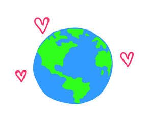Planet earth and heart on a white background. Environmental protection. Cartoon. Vector illustration.