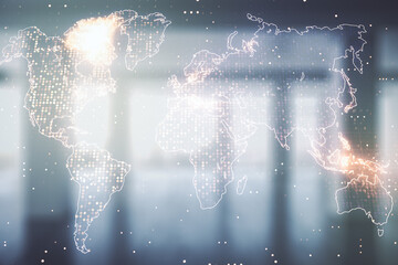 Multi exposure of abstract creative digital world map hologram on empty modern office background, research and analytics concept