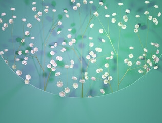 3D rendering of composition with small, white gypsophila flowers and copy space.