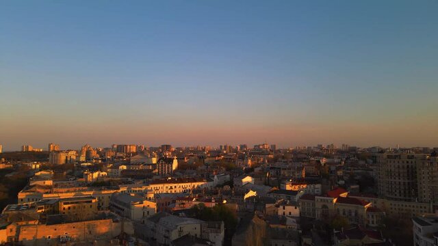 flight over Odessa, historic city center, golden sunset in Odessa, beautiful ancient architecture
