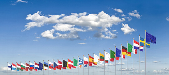 27 waving flags of countries of European Union (EU). Cloud background. 3D illustration. - obrazy, fototapety, plakaty