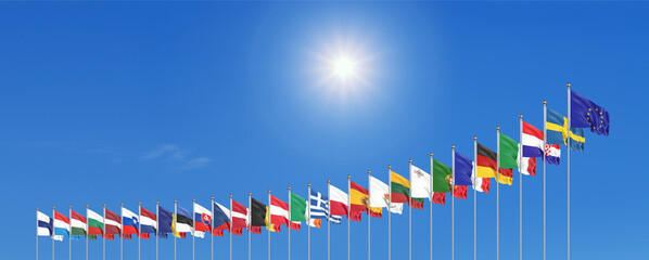 27 waving flags of countries of European Union (EU). Blue sky background. 3D illustration.