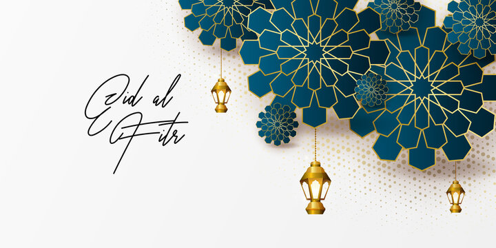 Ramadan kareem greeting card design template for invitation, banner, poster with lamp, crescent, calligraphy. Realistic vector illustration eid al fitr (Feast of Breaking the Fast). Eid Mubarak. Hijri