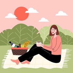 Obraz na płótnie Canvas Girl is sitting on the grass of an isolated background. The concept of travel. It's time to rest, nature. Picnic, camping on the lake. Holiday card. Hello, summer. Outdoor recreation.Flat illustration