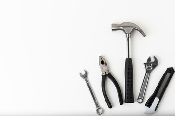 All tools supplies home construction on the white table background Isolated. Building tool repair...
