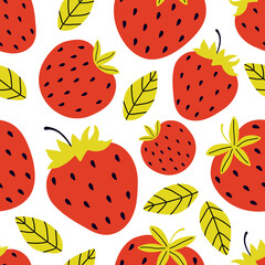 Seamless pattern of juicy red strawberries on a white background. Whole and half sweet berries. Summer colorful background. Hand drawn vector in Scandinavian style. Texture design for kids textiles.