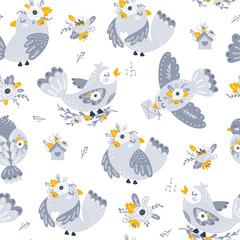 Seamless pattern with flowers and birds. Vector