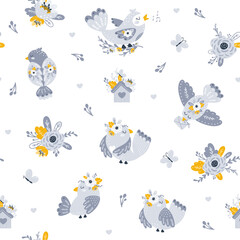 Seamless pattern with flowers and birds. Vector