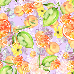 watercolor pattern - flowers, branch, peach, apricot, leaves. Lemon branch, lime. Vintage pattern, abstract splash of paint.A floral pattern with fruits, twigs. calendula flower, chamomile, sunflower.