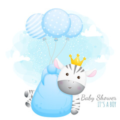 Baby shower it's a boy. Cute baby zebra with balloons Premium Vector