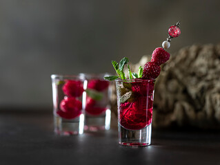 Raspberry vodka glass shot with fruit inside. Fresh summer shots for party. Berries in alcohol glass. Glass of sparkling water.