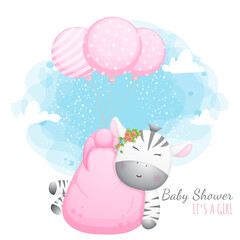 Baby shower it's a girl. Cute baby zebra with balloons Premium Vector