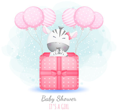 Baby shower it's a girl. Cute baby zebra in a gift box with balloons Premium Vector