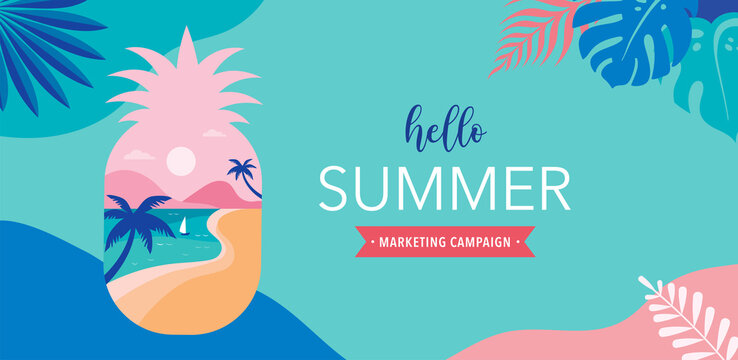 Summer time fun concept design. Creative background of landscape, panorama of sea and beach on pineapple. Summer sale, post template