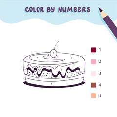 Color cute sweet cake by number. Educational math game for children. Coloring page.