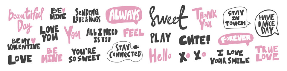 Vector hand drawn collection set of calligraphy lettering quotes and words. Pink and black color