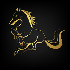 Golden horse with brush paint  isolate on black background