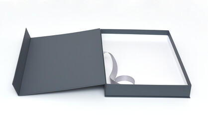 Grey Rectangular gift box with ribbon packaging with open lid on white background