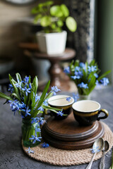 Cocoa in old cups on a table with blue flowers. Hot chocolate drinks. Flat lay.