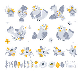 Set with cute birds and flowers. Vector illustration