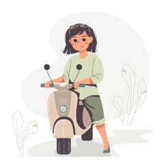 Vector cute cartoon girl on a scooter. Nice character. Stylish teenager.