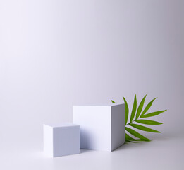 White podium on the white background with tropical leaf. Podium for product, cosmetic presentation....
