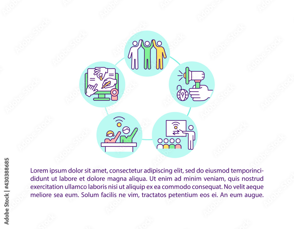Poster civic engagement in digital age concept line icons with text. ppt page vector template with copy spa