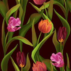 Beautiful tulips seamless pattern. Raster digital illustration on realistic style. Spring flowers, botanical ornament. Colorful design for print, textile, fabrics, wallpaper, decor, background, wrap.