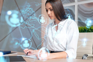 Portrait of businesswoman in formal wear working with documents and looking for employees to hire new candidates for international business consulting. HR, social media icons over office background