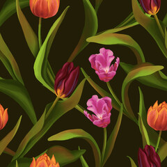 Beautiful tulips seamless pattern. Raster digital illustration on realistic style. Spring flowers, botanical ornament. Colorful design for print, textile, fabrics, wallpaper, decor, background, wrap.