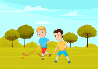 Obraz na płótnie Canvas Sport school club, young boys playing field hockey on grass with sticks and ball. Team game for active leisure time after classes. Flat cartoon style cheerful children running, outdoors competition