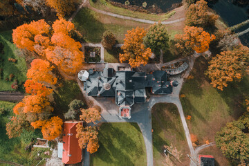 Sangaste, Estonia - 5 October 2019 : Aerial view of the Sangaste castle in Sangaste, Valgamaa, Estonia.
