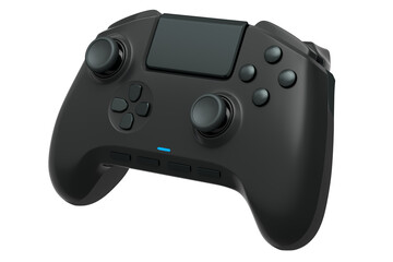 Realistic black video game controller on white background