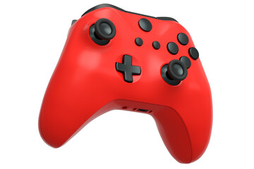 Realistic red video game controller on white background